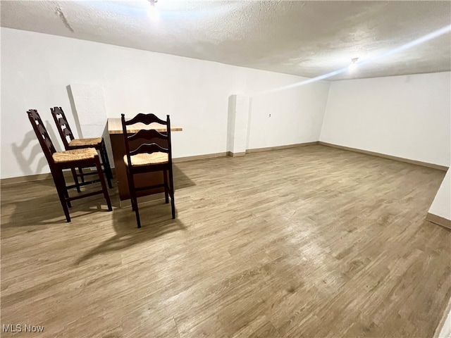 interior space with a textured ceiling and light wood-type flooring