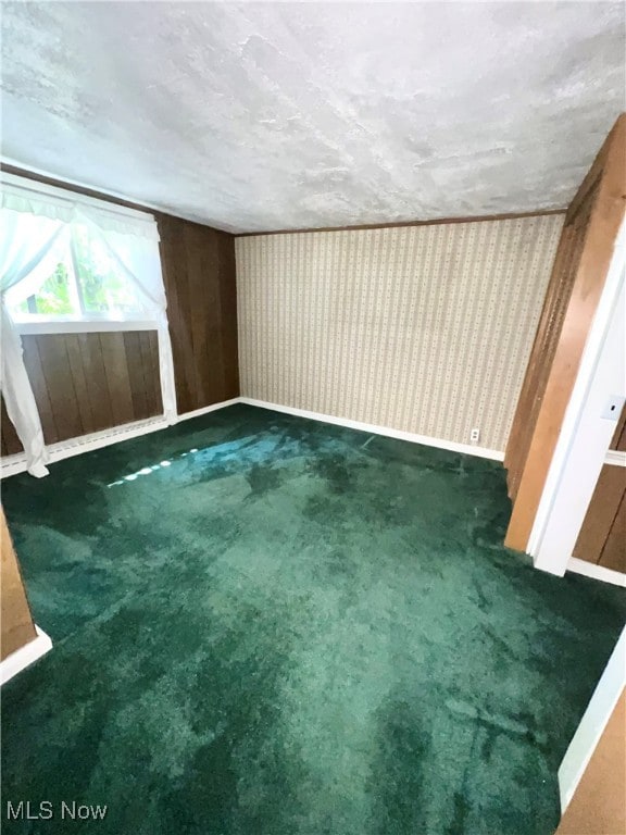 interior space featuring a textured ceiling and dark carpet