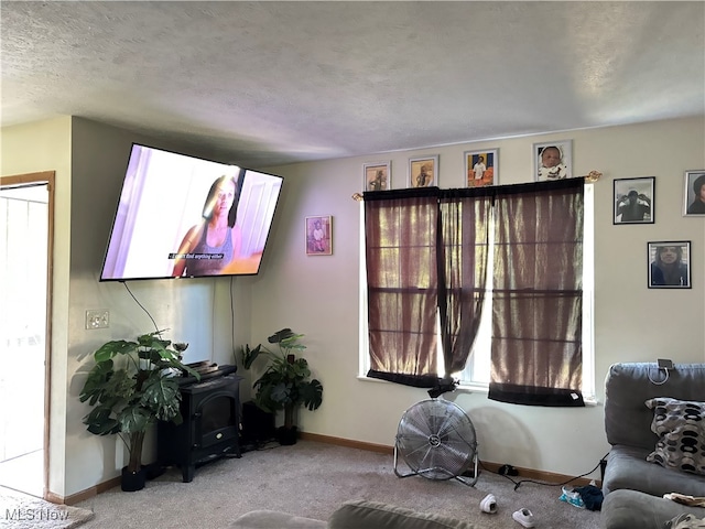 carpeted living room featuring a textured ceiling and a wood stove