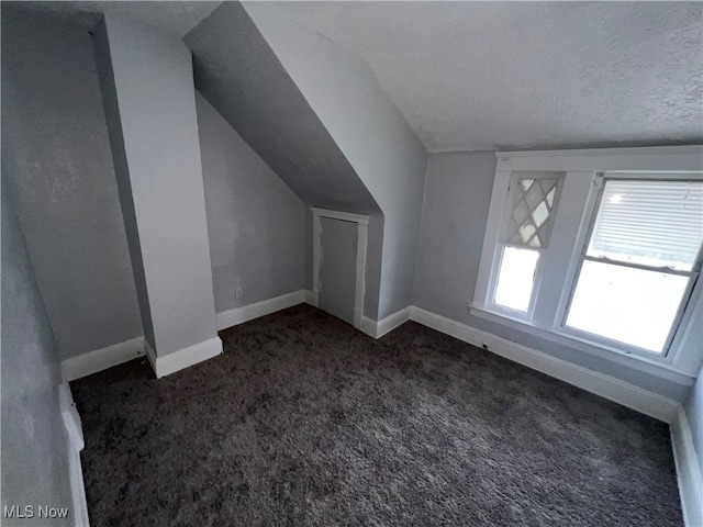 bonus room with lofted ceiling, carpet flooring, and a textured ceiling