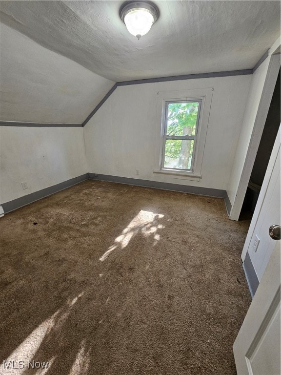 bonus room featuring lofted ceiling, carpet floors, a textured ceiling, and baseboards