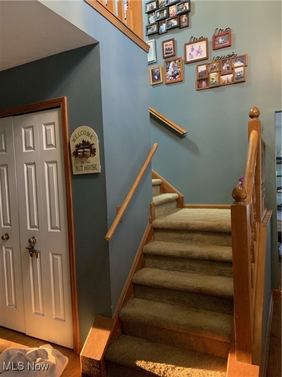 stairway with hardwood / wood-style floors