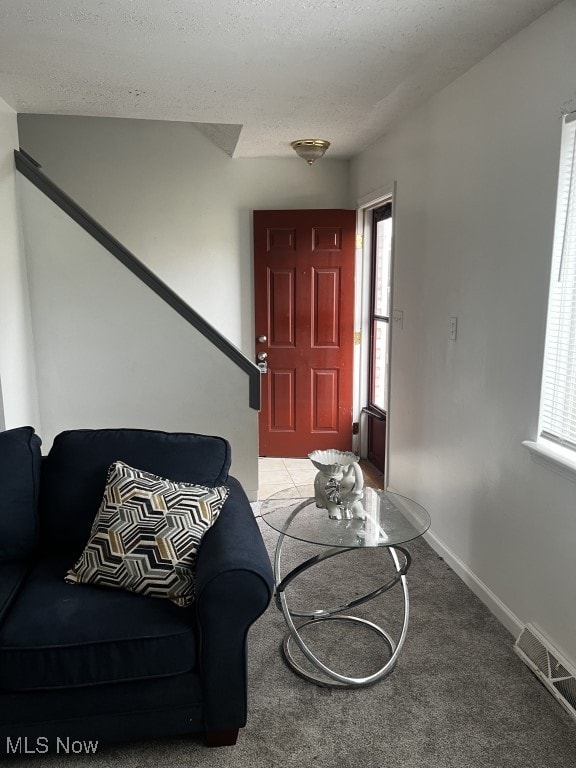 carpeted entrance foyer featuring a textured ceiling and plenty of natural light