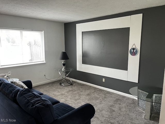 carpeted living room featuring a textured ceiling