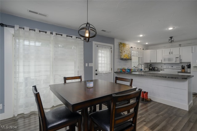 dining room featuring sink and dark wood-type flooring