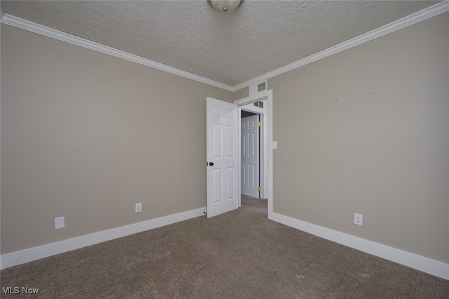 carpeted spare room with crown molding and a textured ceiling