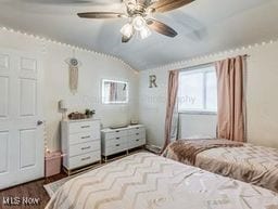 bedroom with lofted ceiling and ceiling fan