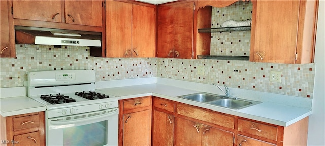 kitchen with gas range gas stove, ventilation hood, decorative backsplash, and sink