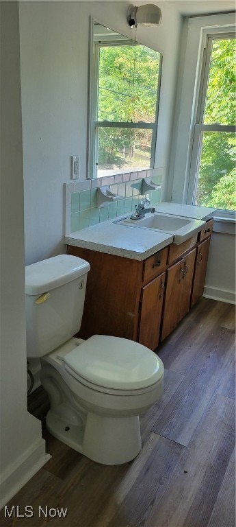 bathroom with vanity, toilet, hardwood / wood-style flooring, and decorative backsplash