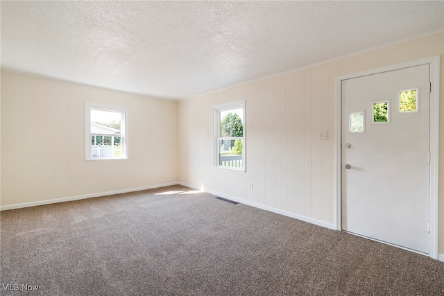 spare room featuring carpet flooring and a textured ceiling