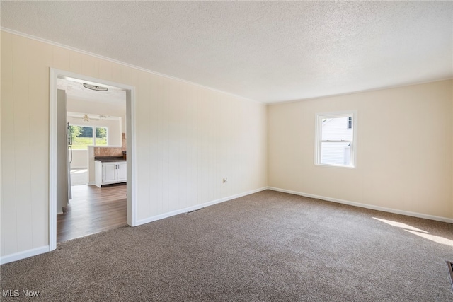 carpeted empty room with ornamental molding and a textured ceiling