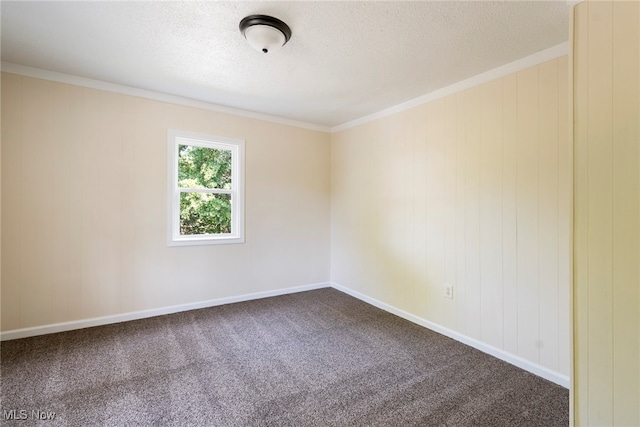 spare room with ornamental molding, carpet, and a textured ceiling