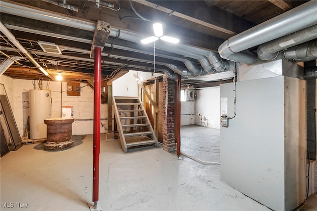 basement with heating unit and water heater