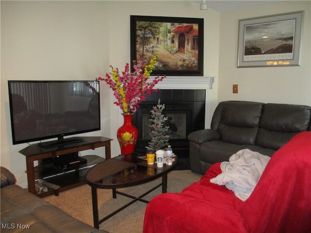 living room featuring carpet and a fireplace