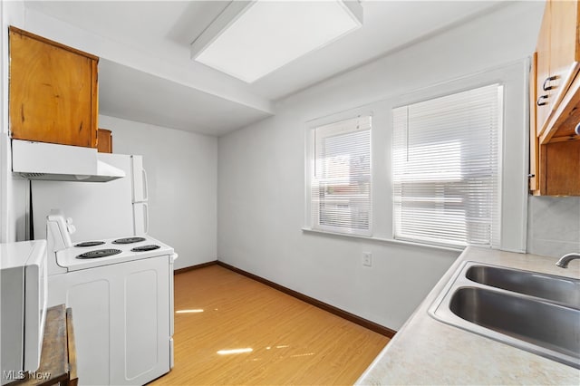 kitchen with light hardwood / wood-style flooring, white range with electric stovetop, and sink