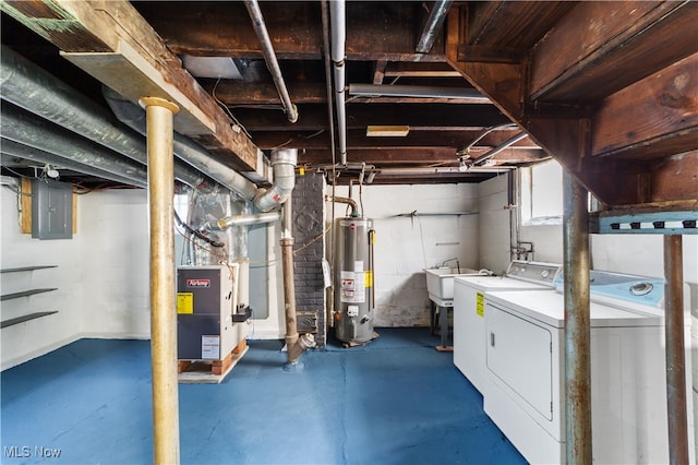 basement with electric panel, separate washer and dryer, sink, and water heater