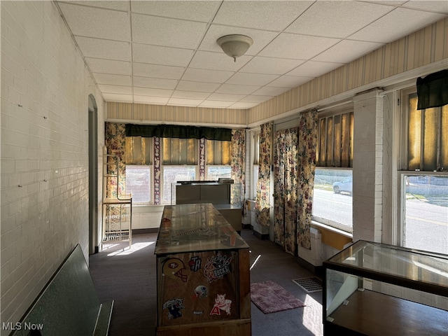 interior space with dark colored carpet and a drop ceiling