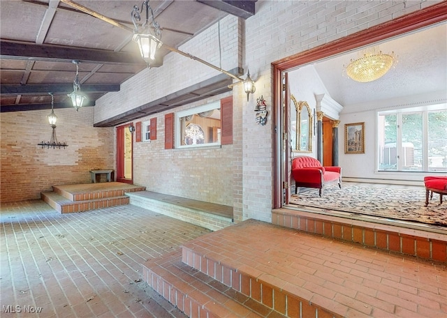 basement with brick wall and ceiling fan