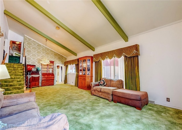 living room with carpet floors and vaulted ceiling with beams