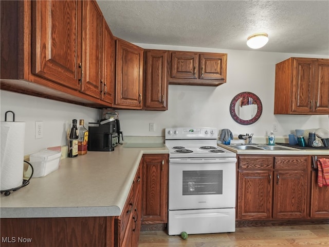 kitchen with white electric range, light wood-type flooring, sink, and a textured ceiling