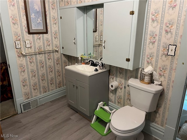 bathroom featuring vanity, toilet, and hardwood / wood-style flooring