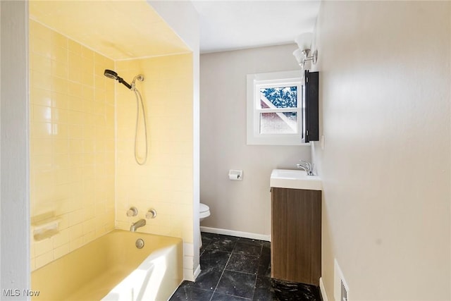 full bath featuring vanity, toilet, baseboards, bathing tub / shower combination, and visible vents