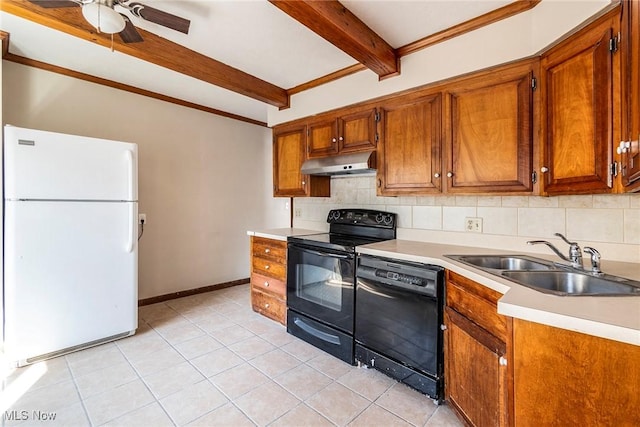 kitchen featuring tasteful backsplash, under cabinet range hood, a sink, a ceiling fan, and black appliances