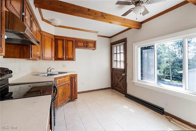 kitchen featuring brown cabinetry, under cabinet range hood, range with electric cooktop, beamed ceiling, and decorative backsplash