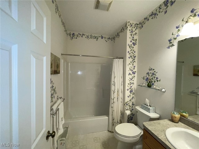 full bathroom featuring vanity, toilet, and shower / bathtub combination with curtain