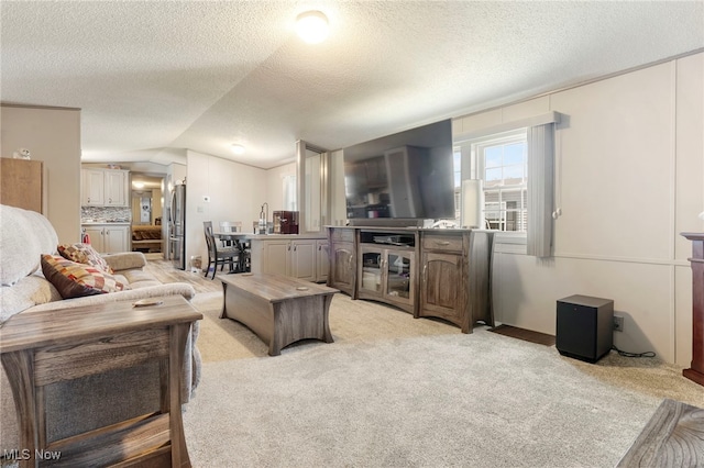 living room with light colored carpet, sink, a textured ceiling, and vaulted ceiling