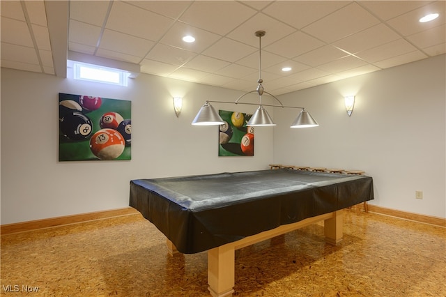 playroom featuring a paneled ceiling, carpet, and pool table