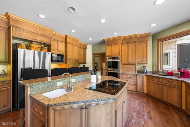 kitchen featuring black appliances, dark hardwood / wood-style flooring, light stone counters, an island with sink, and sink