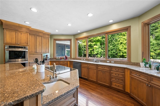 kitchen featuring a wealth of natural light, stainless steel dishwasher, sink, and dark hardwood / wood-style floors