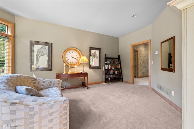 sitting room featuring carpet flooring