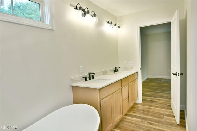 bathroom with vanity, hardwood / wood-style flooring, and a washtub