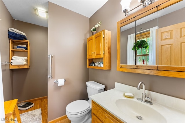 bathroom with hardwood / wood-style floors, vanity, and toilet