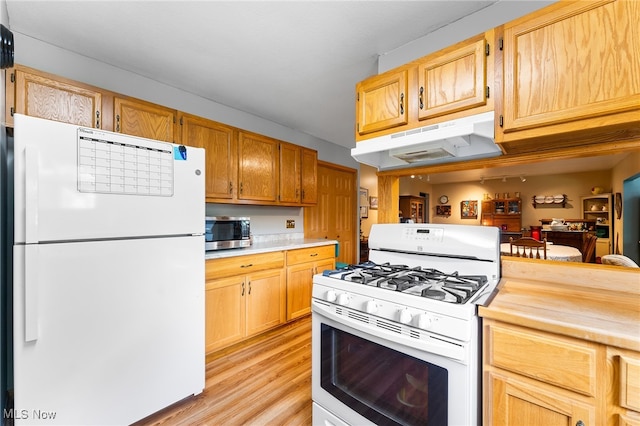 kitchen with white appliances and light hardwood / wood-style flooring