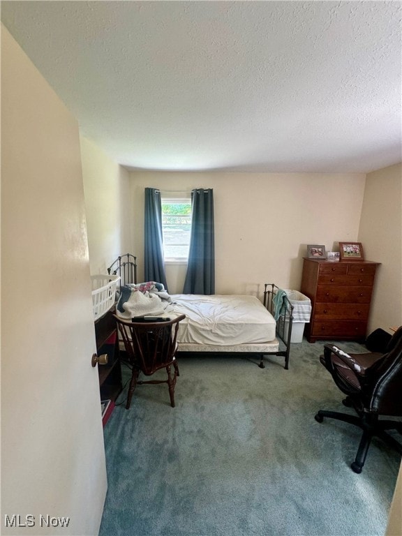 bedroom with a textured ceiling and carpet flooring