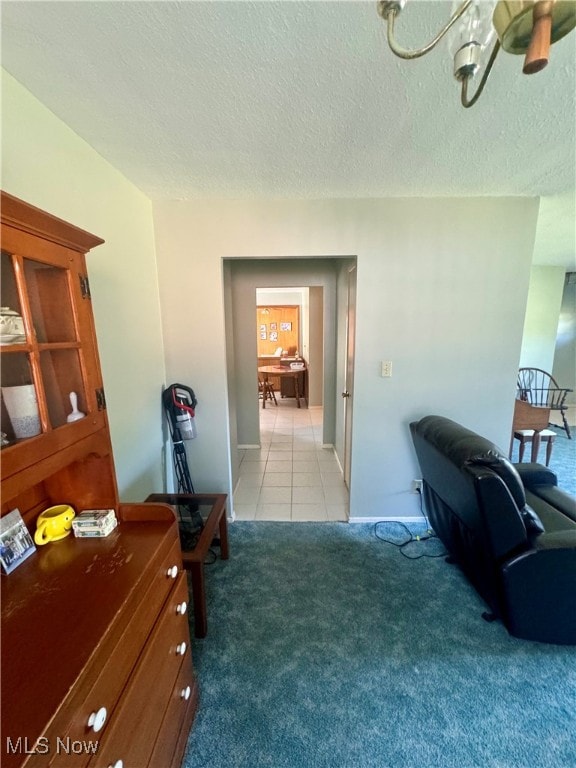 interior space featuring a textured ceiling and light colored carpet