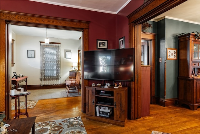 living room featuring wood-type flooring and ornamental molding