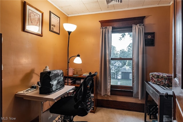 office area with light carpet and crown molding