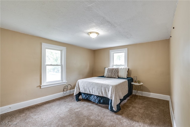 carpeted bedroom with multiple windows and a textured ceiling