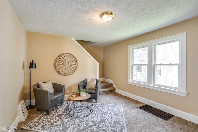 living area featuring a textured ceiling and carpet flooring