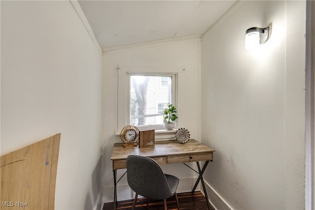 home office featuring ornamental molding, lofted ceiling, and dark hardwood / wood-style floors