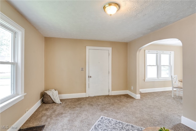 interior space with light carpet and a textured ceiling