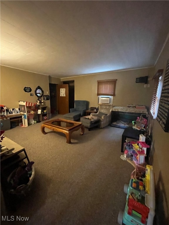 carpeted living room with crown molding