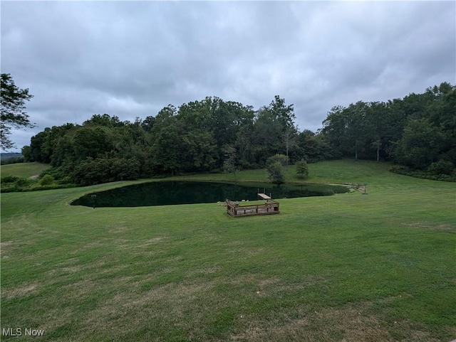 view of yard featuring a water view and a forest view