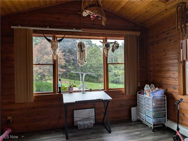 office area with wood walls, wood ceiling, vaulted ceiling, and hardwood / wood-style flooring