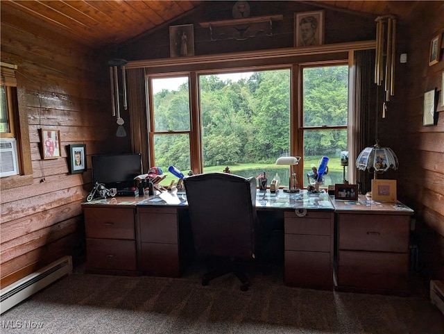 carpeted office with wooden ceiling, lofted ceiling, wooden walls, and a baseboard heating unit