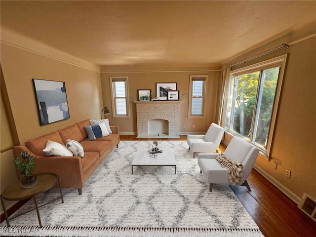 living room featuring a fireplace and hardwood / wood-style flooring